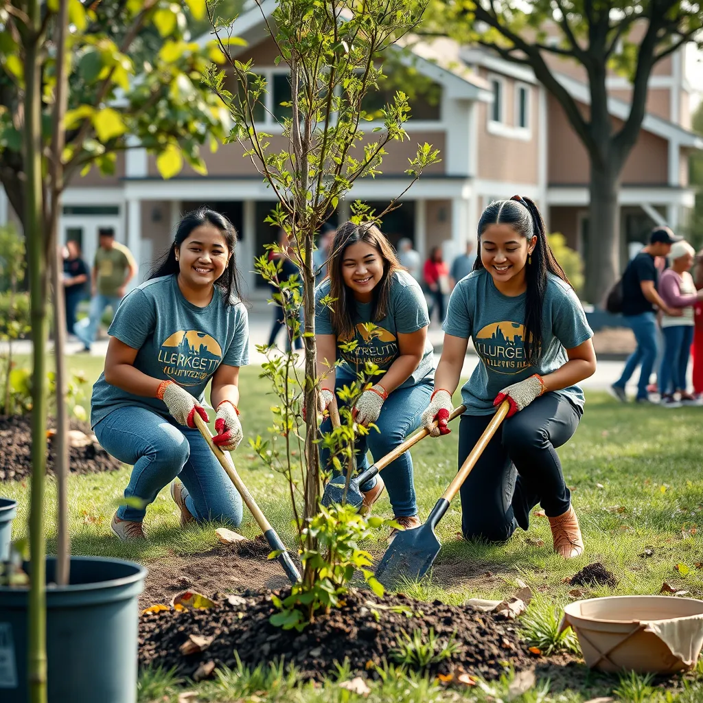 An action-packed scene showing a group of young volunteers planting trees and cleaning a park. They wear branded t-shirts and gloves, smiling as they work together. The backdrop features a community center and a group of engaged residents, highlighting collaboration and service.