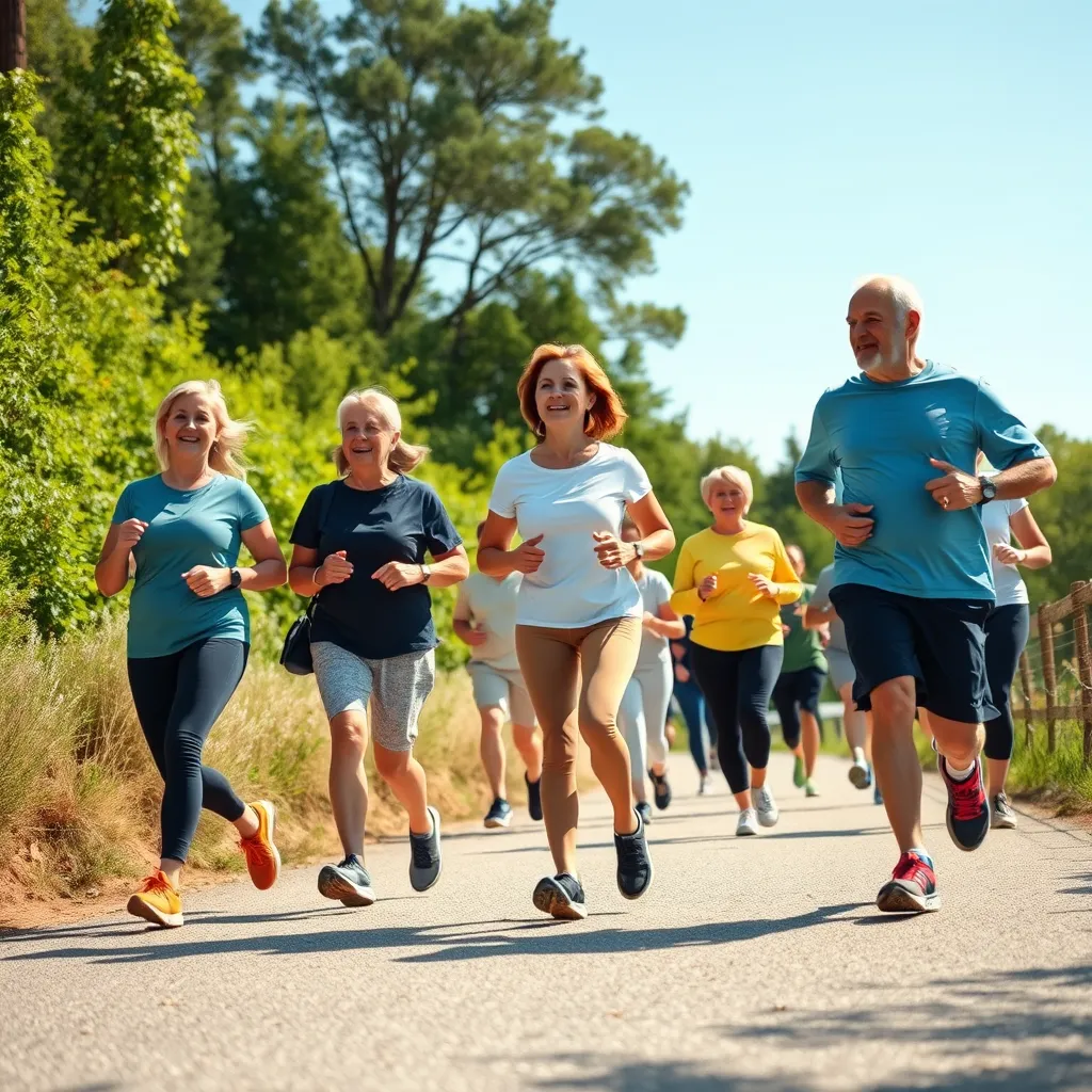 An active group of individuals walking briskly on a scenic trail, showcasing a variety of ages and fitness levels. The background features lush greenery and a clear blue sky, highlighting a healthy outdoor environment and the joy of physical activity.
