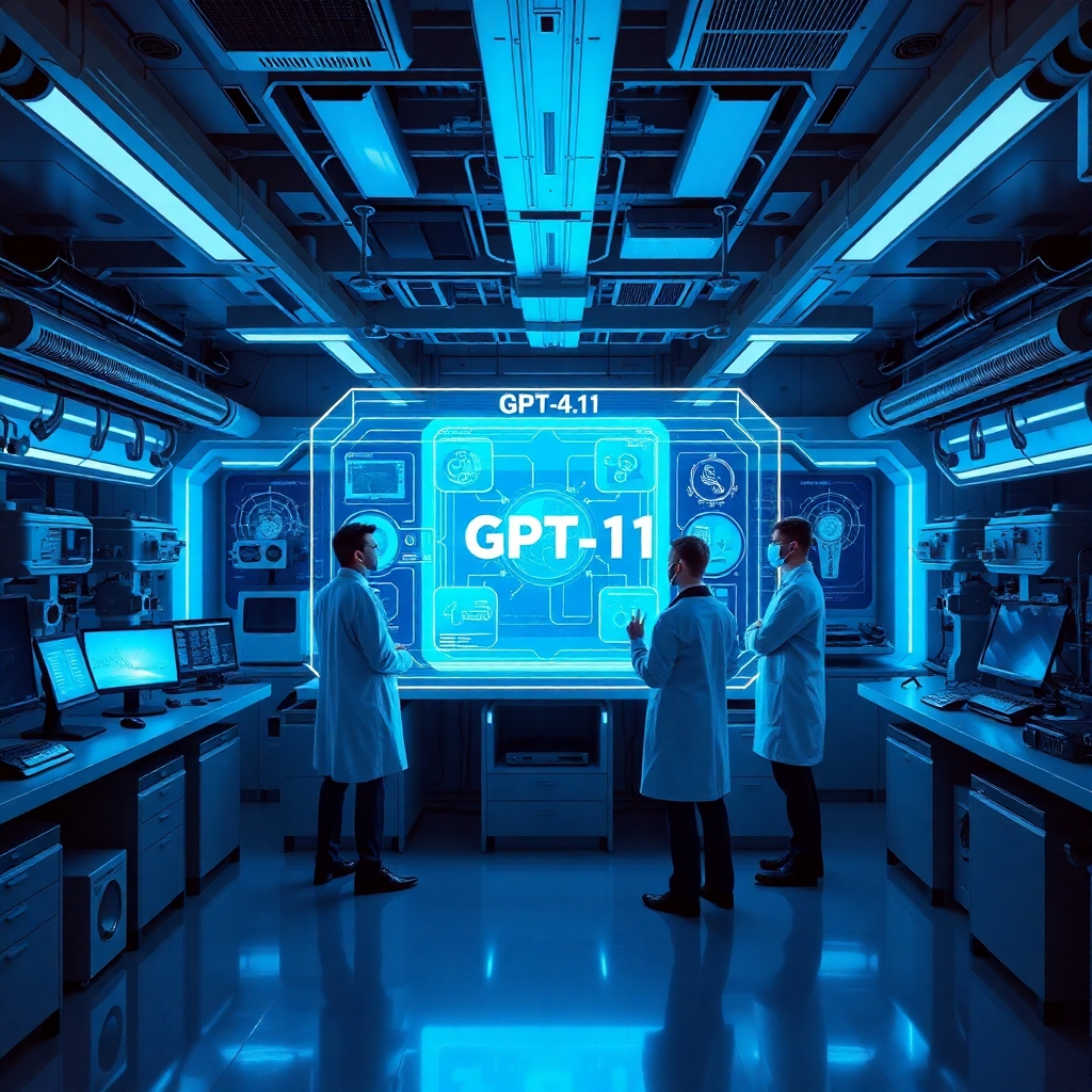 An advanced digital lab filled with futuristic technology. The center of focus is a large holographic display showcasing the new GPT-4.1 model, with vibrant animated graphics illustrating its features. The lab is sleek and modern, decorated with high-tech gadgets and ambient lighting in shades of blue and silver, creating a cybernetic atmosphere. Scientists and engineers in lab coats engage with the holograms, showcasing a collaborative tech environment.