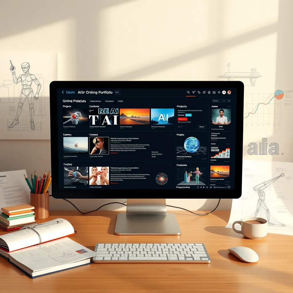 An aesthetically pleasing image of a computer screen showcasing an online portfolio with projects, code snippets, and visual representations of AI work. Surrounding elements include sketchbooks and diagrams, illustrating creativity and technical skills.