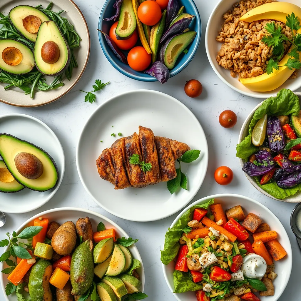 An aesthetically pleasing layout of various healthy foods representing different diets. Show keto-friendly dishes with avocados and meats, paleo meals with vegetables, and vibrant plant-based foods, creating a colorful and inviting health-focused table setting.