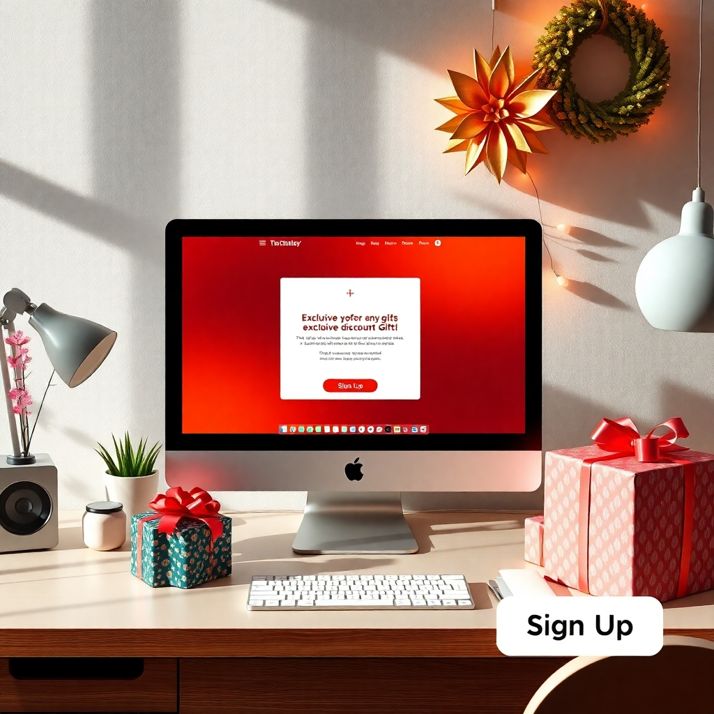 An aesthetically pleasing workspace with a desktop displaying an open email application. The email shows a promotion for exclusive discounts on gifts. Nearby, there are presents wrapped in colorful paper and a 'Sign Up' button illustrated prominently.