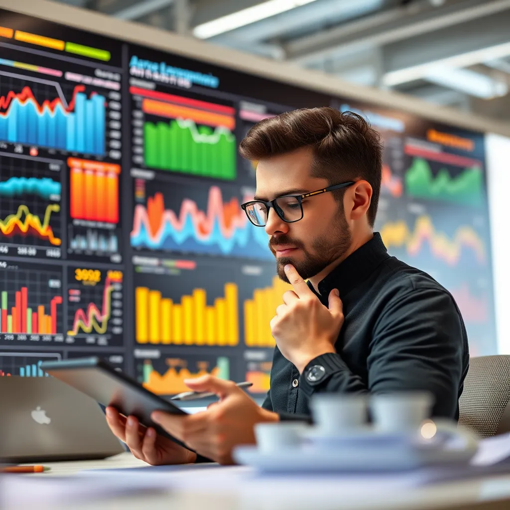 An analytical dashboard filled with colorful graphs and charts depicting audience engagement metrics. In the foreground, a thoughtful content creator analyzes the data with a stylus on a tablet, set in a contemporary office filled with technology.