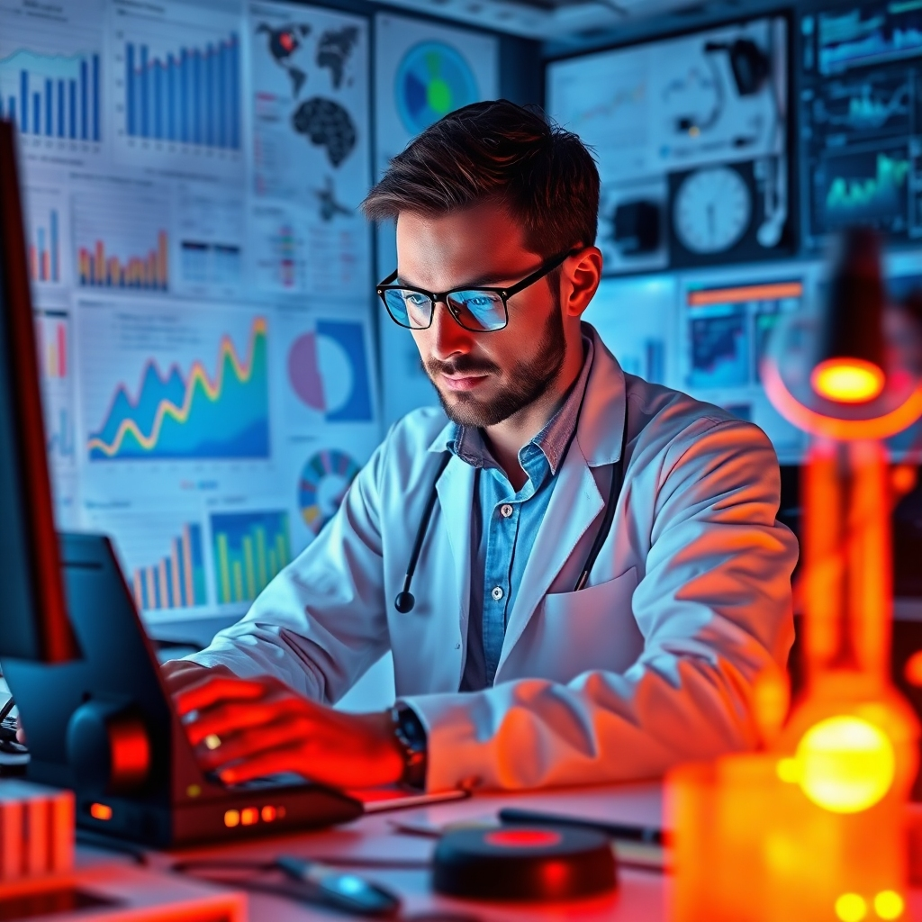 An analytical workspace filled with charts, graphs, and research materials about the latest AI technology findings. The scene captures a researcher in deep focus surrounded by vivid data visuals. Brightly lit surroundings, along with high-tech devices, emphasize the critical nature of studying emerging AI trends for informed decision-making.