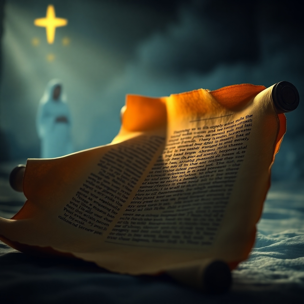 An ancient scroll unfurling with Hebrew text, illuminated by a soft light. In the background, faint images of the Bethlehem star and a silhouette of a pregnant Mary create a mystical atmosphere, symbolizing fulfillment of prophecy. The focus is on the scroll connecting past and future.