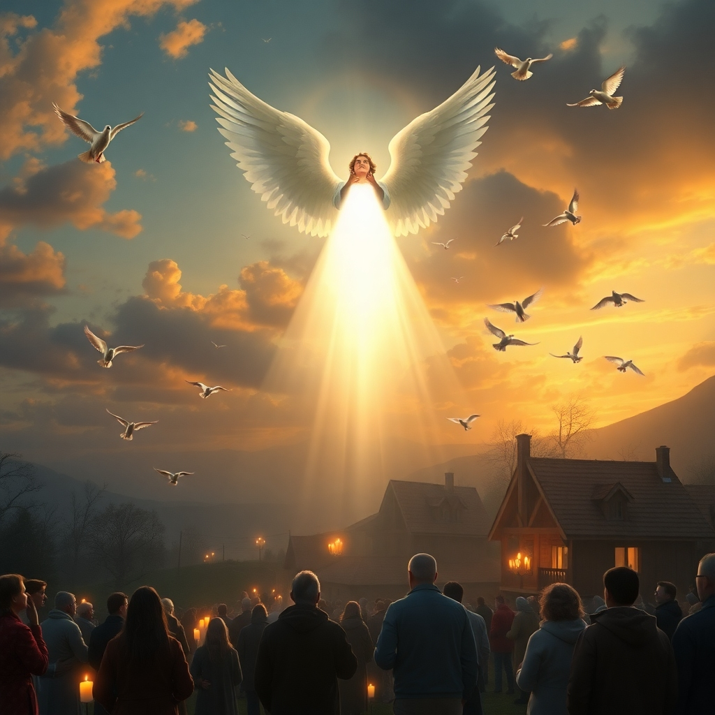 An angelic figure hovering above a peaceful landscape, with a radiant light shining down on people gathered in awe. The scene includes doves flying softly in the background and a peaceful village illuminated by warm candlelight.