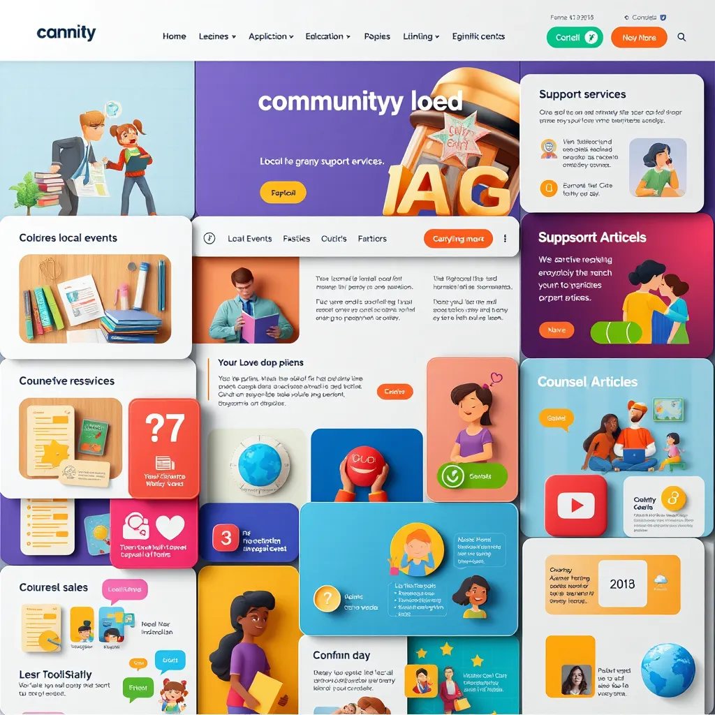 An animated collage of a community website displaying various sections for resources like local events, support services, and educational articles. Include icons representing different resources, such as books, social events, and counseling services, with vibrant colors and engaging visuals.