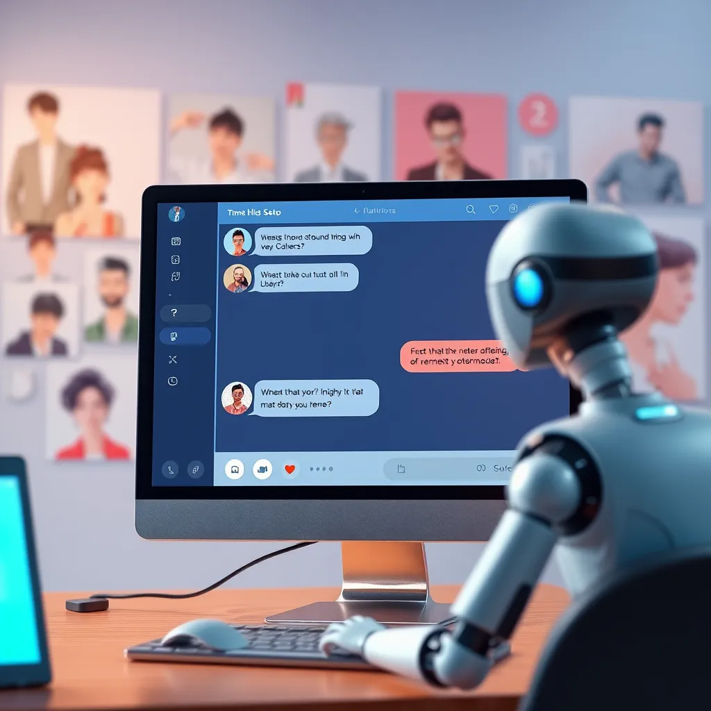 An animated scene showing a chatbot on a computer screen adjusting its tone of communication. The background depicts various user scenarios, highlighting casual conversations and formal inquiries, emphasizing adaptability in customer support contexts.