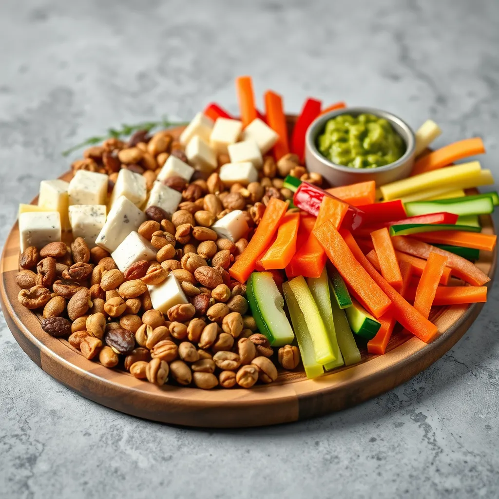 An appetizing display of low carb snacks including a variety of cheese cubes, mixed nuts, and colorful vegetable sticks like carrot, cucumber, and bell pepper. Arranged on a stylish wooden platter, the snacks are complemented by a small bowl of guacamole.