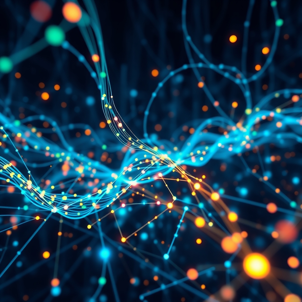 An artistic data visualization showcasing flowing streams of information that represent user interactions and inputs. The setting is a digital space filled with interconnected nodes and bright visuals, suggesting a complex and lively network where data fuels AI growth-constant evolution powered by community engagement.