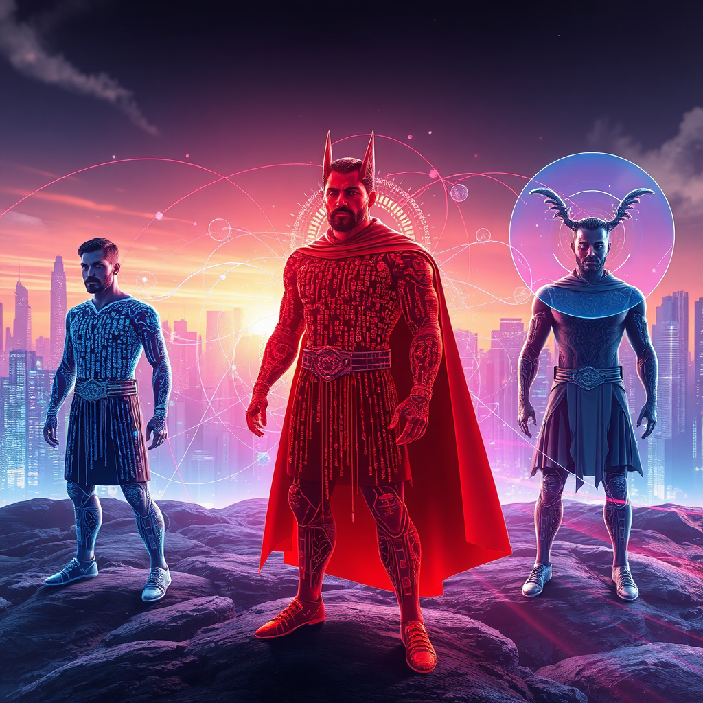 An artistic depiction of an individual skilled at using ChatGPT, Perplexity, and Gemini, portrayed as legendary figures in a digital landscape. Each figure stands next to their digital representation, with swirling data patterns connecting them. The color palette is vibrant and engaging, while the background has an imaginative, futuristic cityscape. The textures include ethereal light trails and holographic elements, symbolizing the mastery of AI.