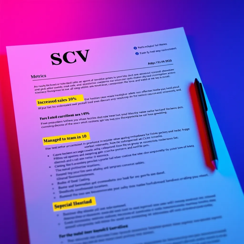 An artistic layout of a CV featuring highlighted sections showcasing metrics and achievements, such as 'Increased sales by 30%' and 'Managed a team of 10'. The background should be subtly vibrant, emphasizing accomplishment and professional growth.