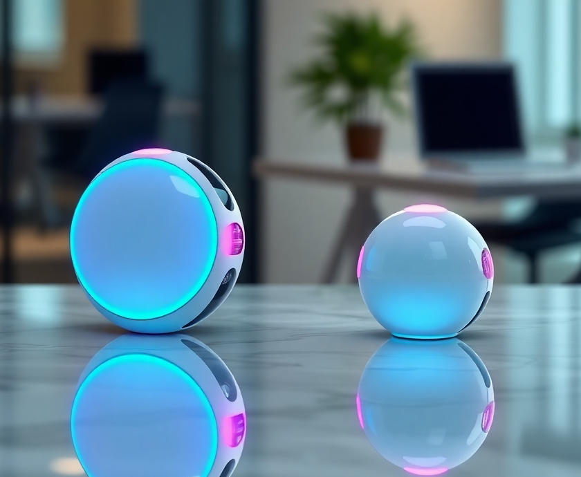 An artistic representation of the new nano and mini AI models, displayed on a sleek, marble surface. With glossy finishes and vibrant LED lights, these compact devices symbolize the blend of power and portability. The background features a blurred office environment, suggesting integration into everyday tasks, with soft lighting highlighting their elegant design. The photograph captures a sense of innovation and cutting-edge technology.