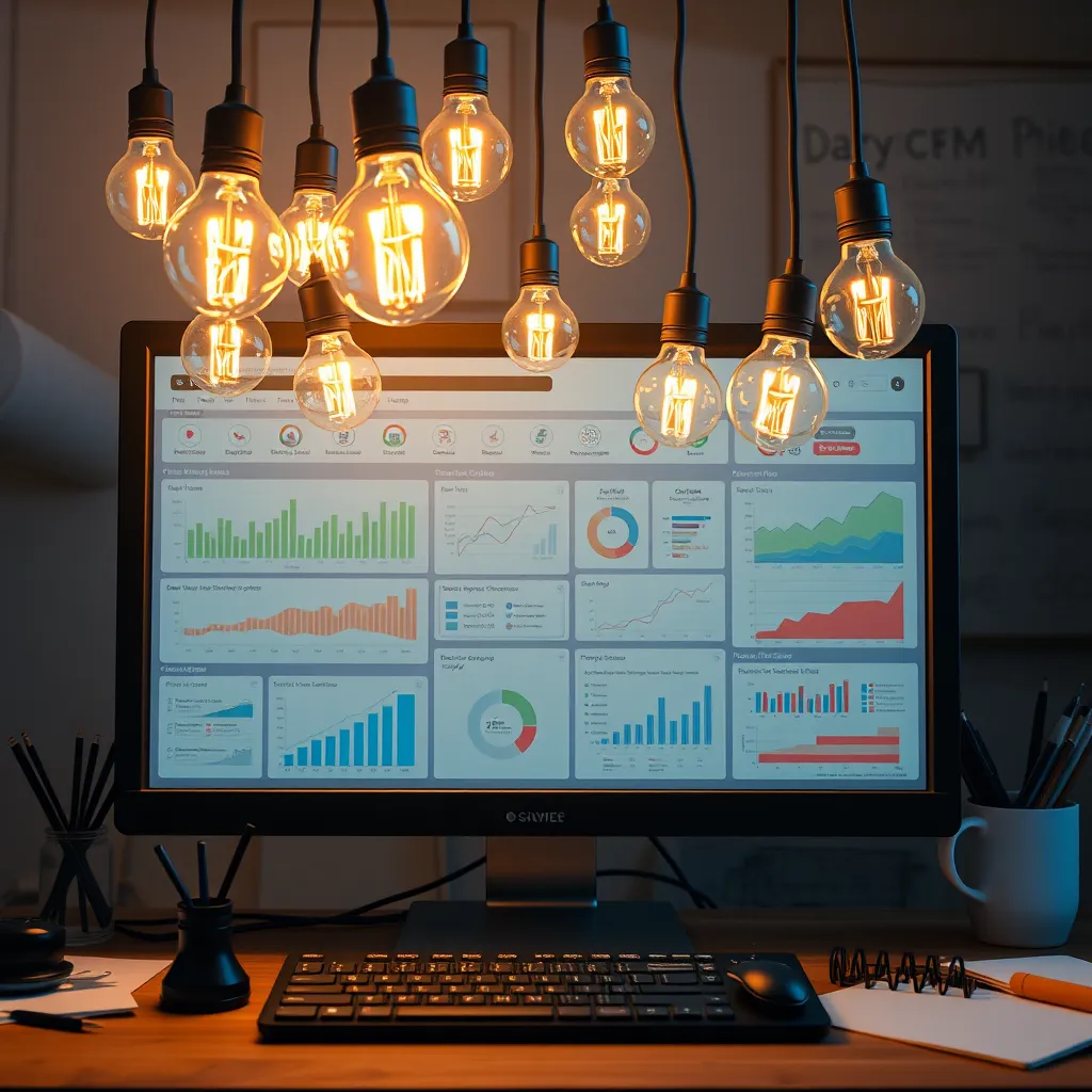 An artistic representation of an AI system suggesting content ideas, illustrated as lightbulbs emerging from a computer screen filled with charts and keywords. The background has elements of creativity, like notes and sketches, emphasizing the balance between data and creativity.