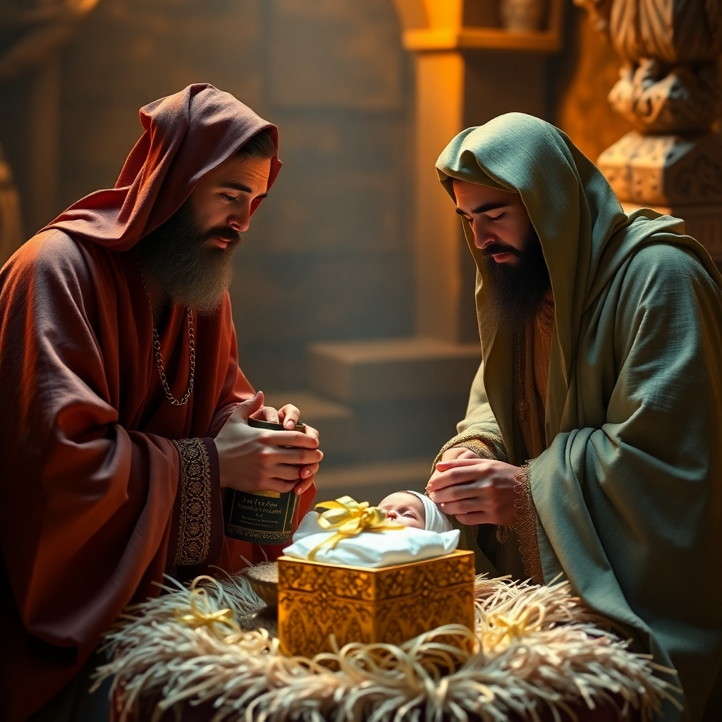 An artistic representation of the Magi presenting their gifts to baby Jesus. The scene should include intricate details of the gifts: a shimmering gold box, an ornate vessel of frankincense, and a delicate jar of myrrh, set in a warm, inviting atmosphere.