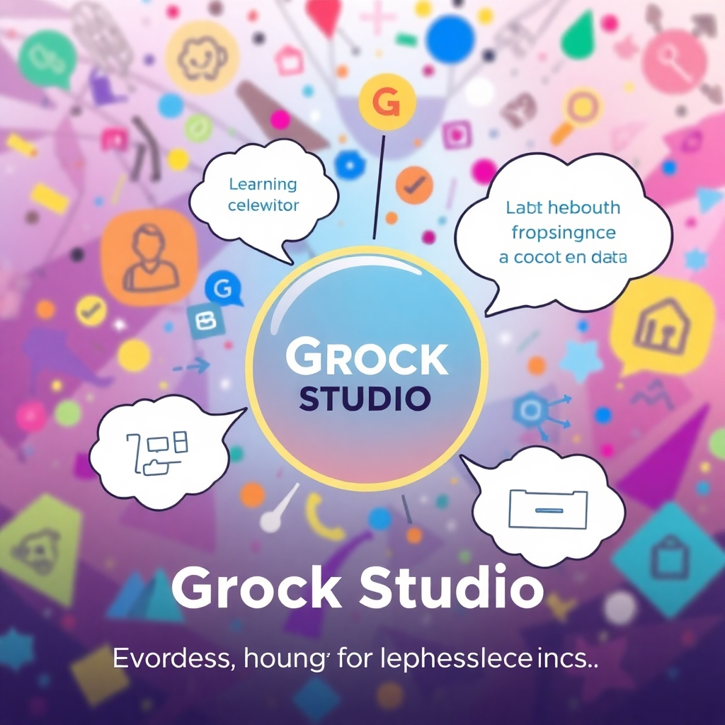 An artistic representation of Grock Studio surrounded by thought bubbles illustrating user feedback and data integration. The background is filled with elements representing learning and growth, in dynamic colors that convey energy and innovation. This visualization represents Grock Studio’s mission of evolving through user experiences, embodying a journey of AI learning.