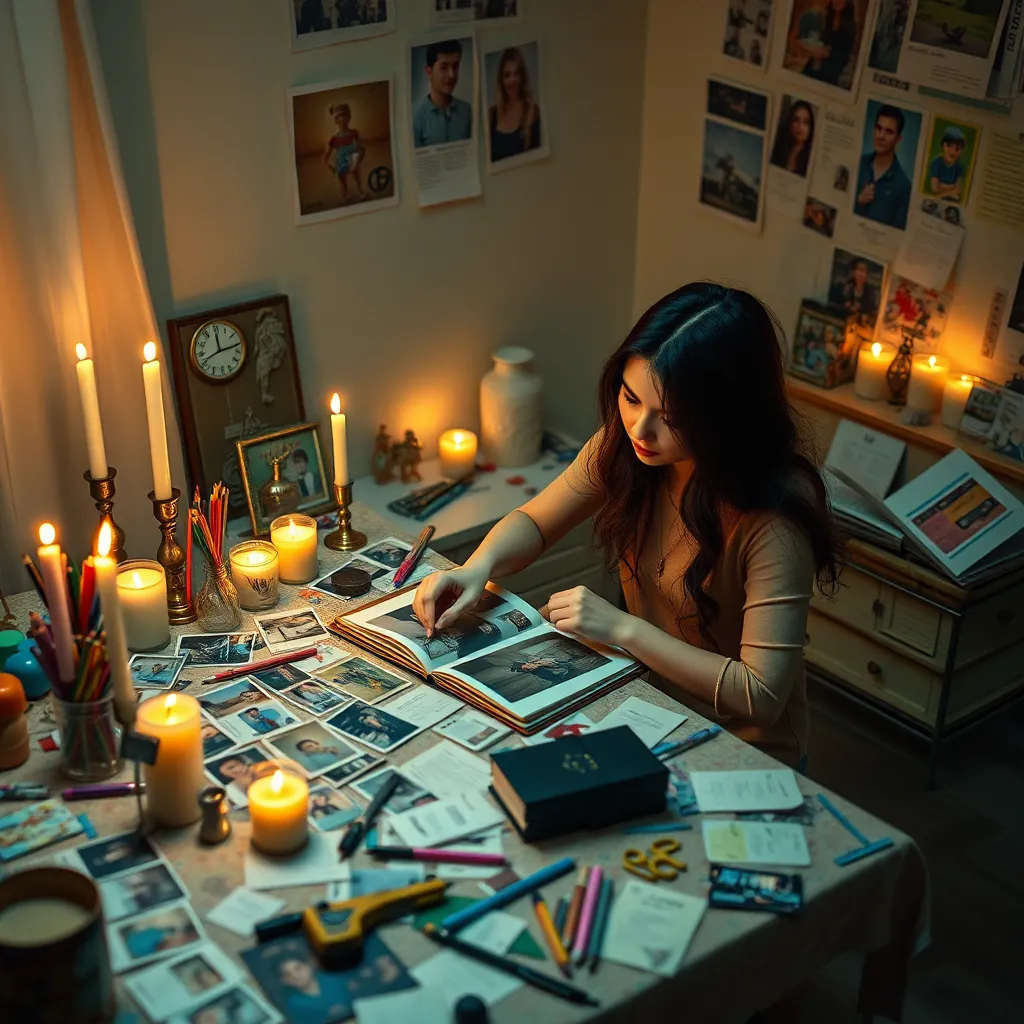 An artistic scene where a person is sitting at a table covered with photos, candles, and colorful art supplies. The person is creating a scrapbook filled with pictures and notes, surrounded by a soft glow of candlelight for a reflective atmosphere.