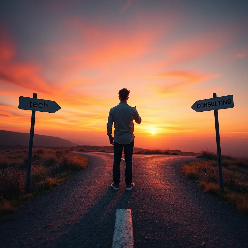 An aspirational image of a person standing at a crossroads, looking at multiple signs pointing towards various career paths such as 'tech,' 'creativity,' and 'consulting.' The backdrop features a vibrant sunrise, symbolizing new beginnings and opportunities.