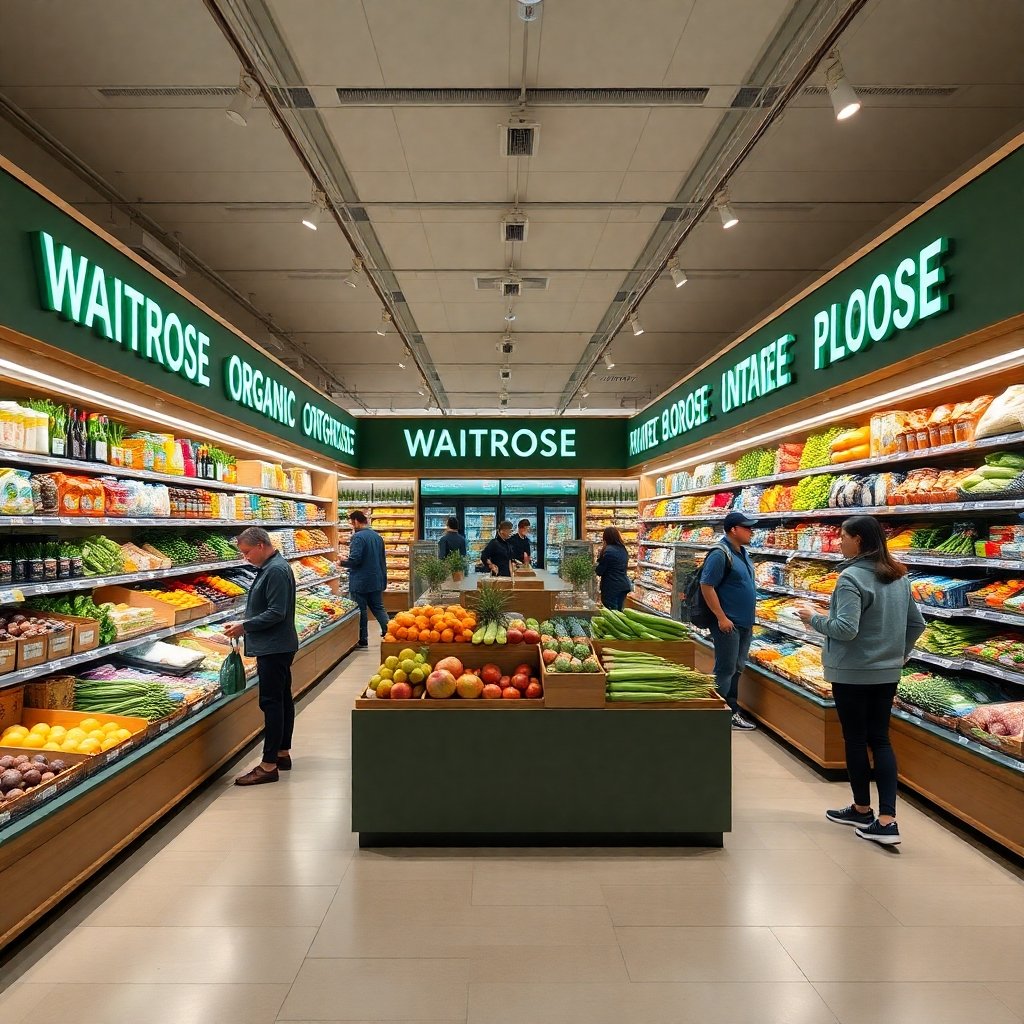 An elegant Waitrose supermarket, featuring beautifully arranged organic produce and gourmet items, displaying a chic interior design with soft lighting, shoppers leisurely exploring the aisles, and staff assisting customers with a smile.