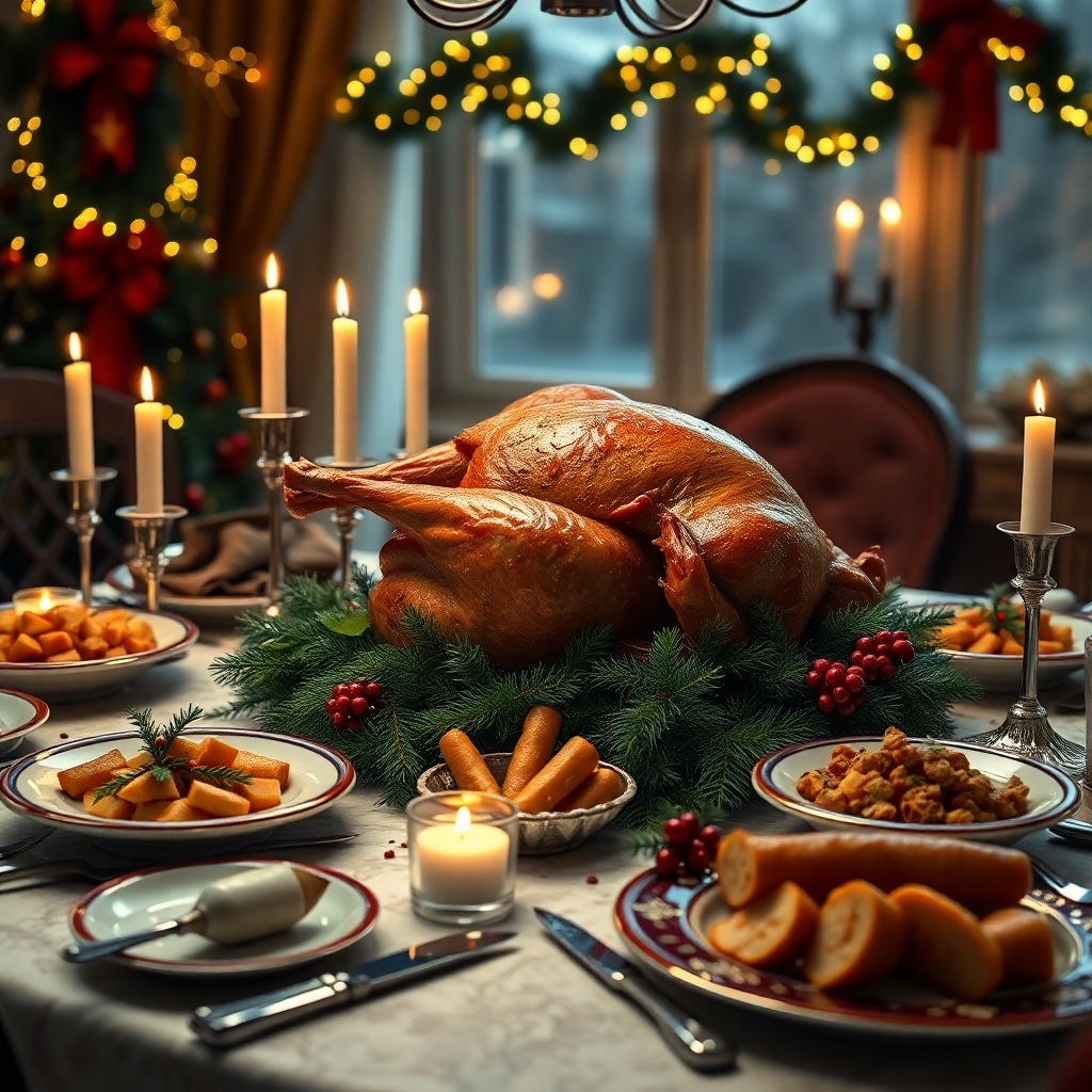 An elegantly set Christmas dinner table featuring a beautifully roasted turkey, assorted side dishes, and festive decorations. Include candles, holiday-themed tableware, and a cozy ambiance with twinkling lights and garlands to evoke warmth and celebration.