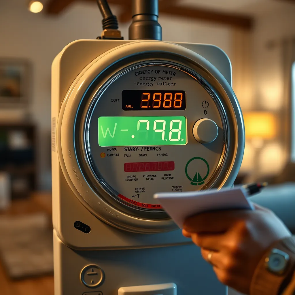 An energy meter showing erratic reading fluctuations on its digital display. The background includes a living room setting, where a concerned homeowner is taking notes, highlighting their worries about the readings.
