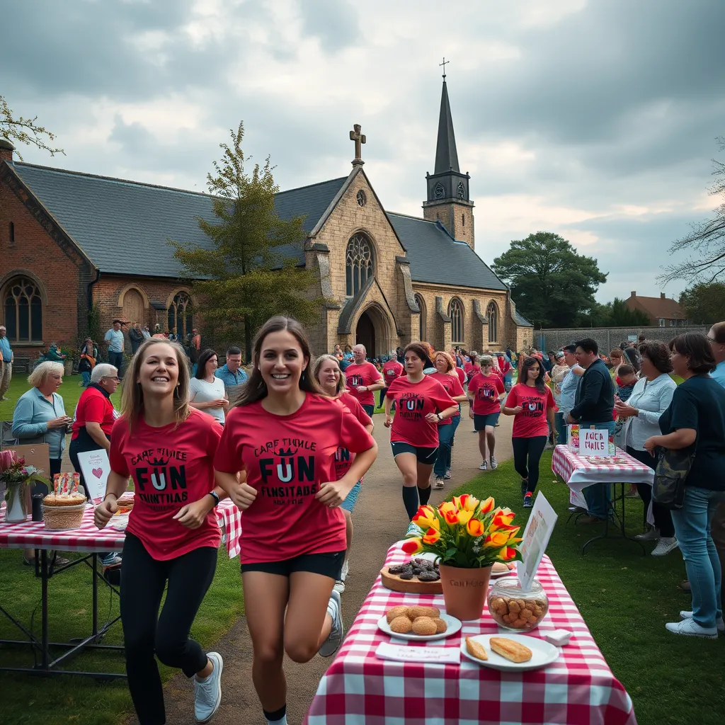 An engaging charity fundraiser event organized by a local church, showcasing a fun run with participants wearing matching T-shirts, bake sale tables decorated with homemade goods, and volunteers interacting with attendees, set in a beautiful churchyard.