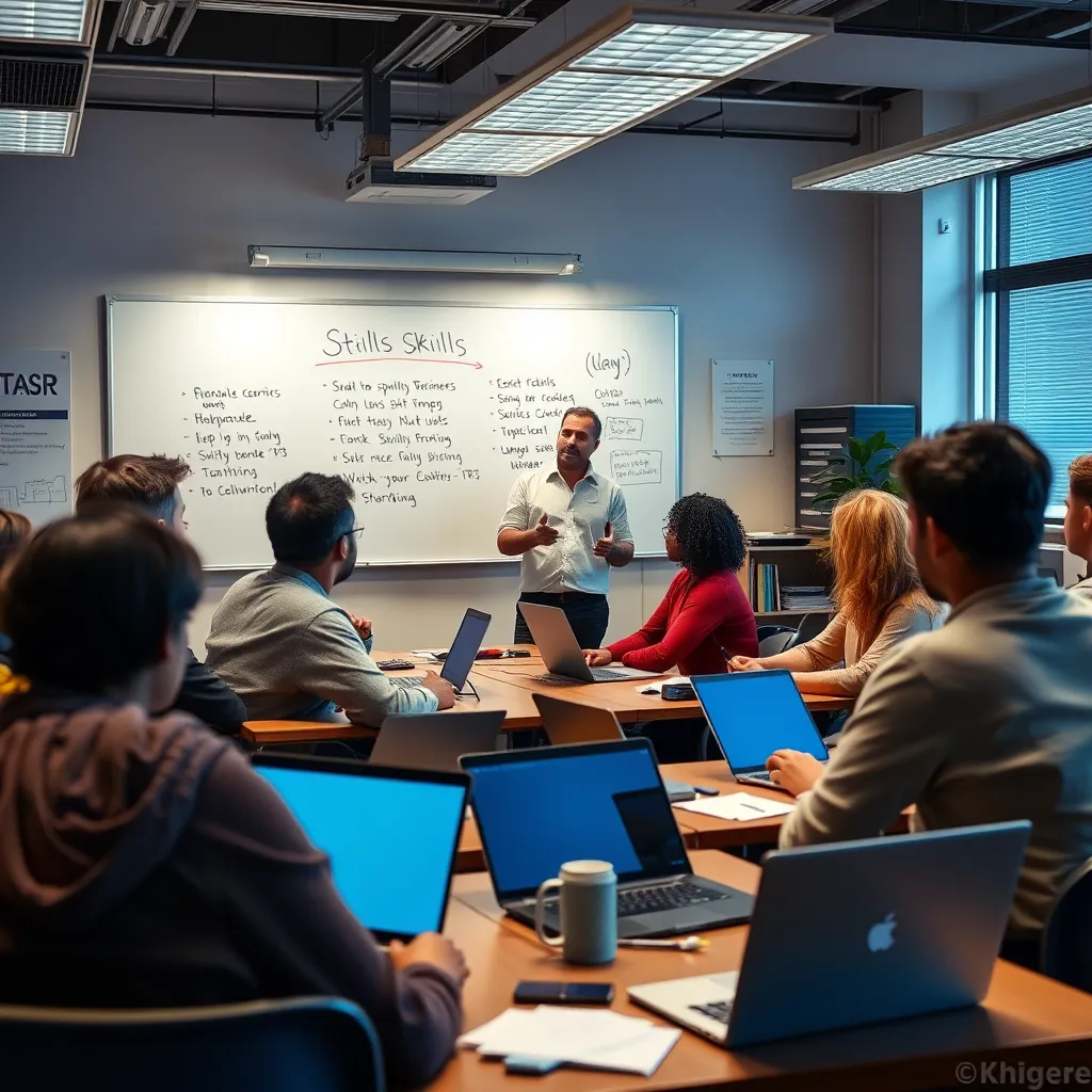 An engaging classroom setting with diverse adults participating in a skills workshop. The room features a whiteboard with key topics, laptops in use, and an instructor facilitating lively discussions, emphasizing active learning and collaboration.
