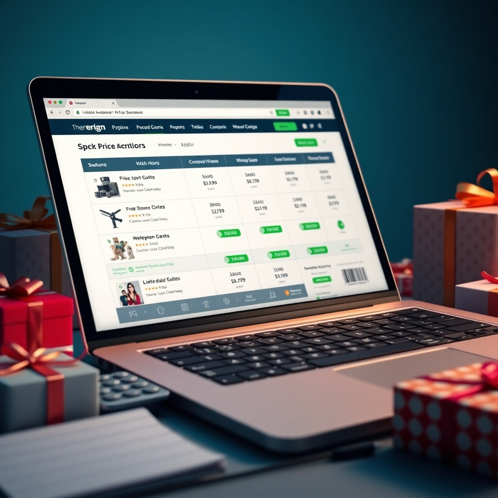 An engaging close-up of a laptop screen displaying a price comparison website. The screen shows multiple product listings with prices highlighted in green for the best deals. Surrounding the laptop are shopping-related items like gift boxes, a calculator, and a notepad.