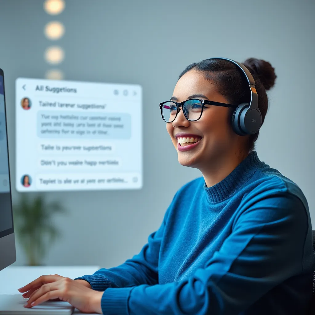 An engaging customer service interaction where an AI chat interface provides customized responses. Display a split-screen with a chat window on one side showing tailored suggestions, and a happy user on the other, symbolizing effective communication.