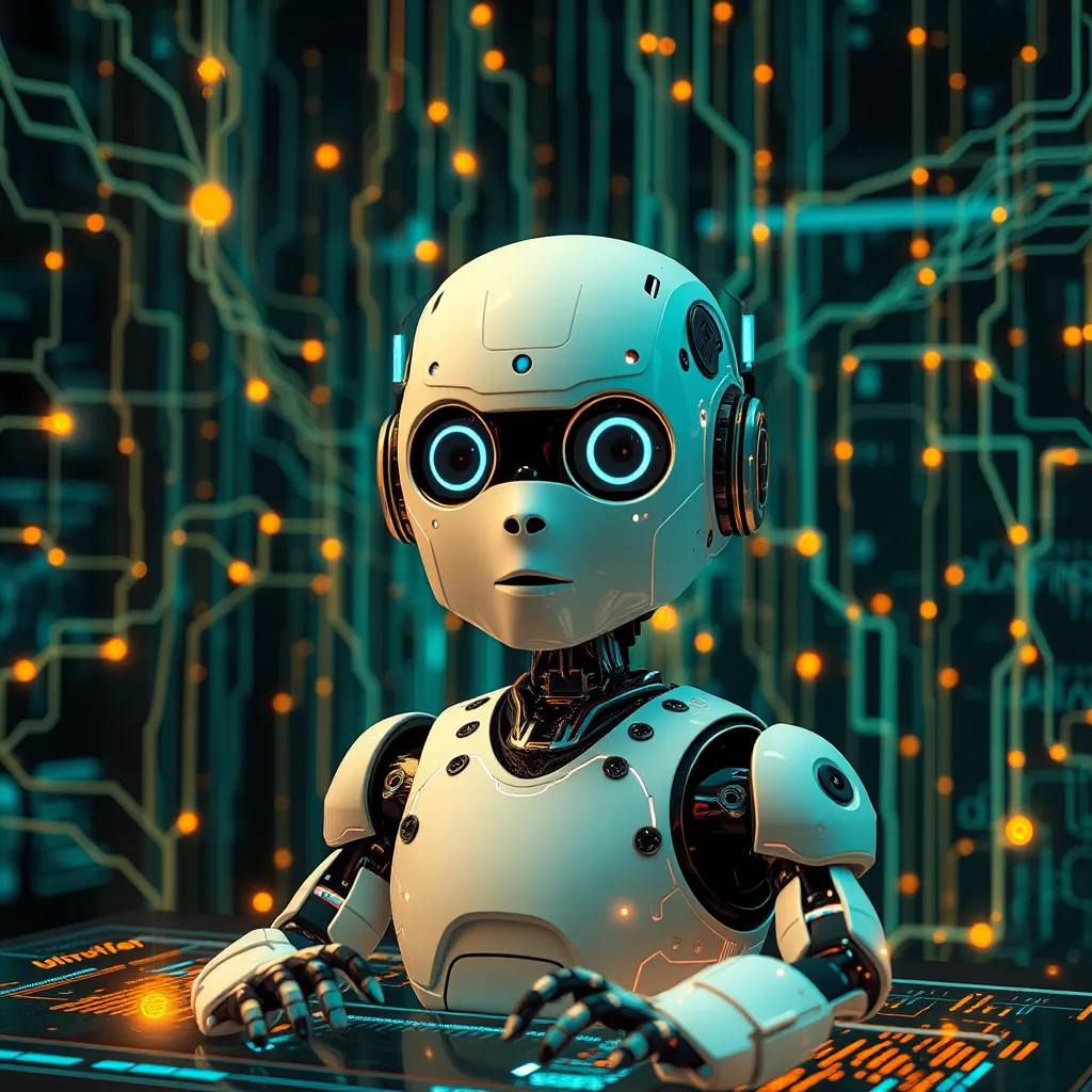 An engaging image depicting a chatbot surrounded by data streams and neural network visuals, symbolizing machine learning. The setting should be futuristic, with glowing circuits and a digital interface, highlighting the advanced technology behind smart troubleshooting.