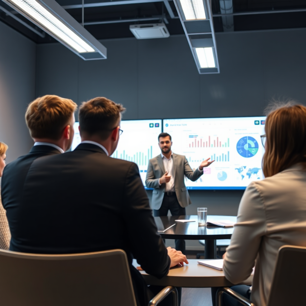 An engaging image of a consultant presenting findings generated by Perplexity Labs to a diverse team in a contemporary boardroom. The background has interactive screens displaying animated data visualizations. The lighting is bright and focuses on the presenter, emphasizing the importance of AI-driven insights. Textures blend modern furnishings with high-tech interfaces, creating an atmosphere of innovation.