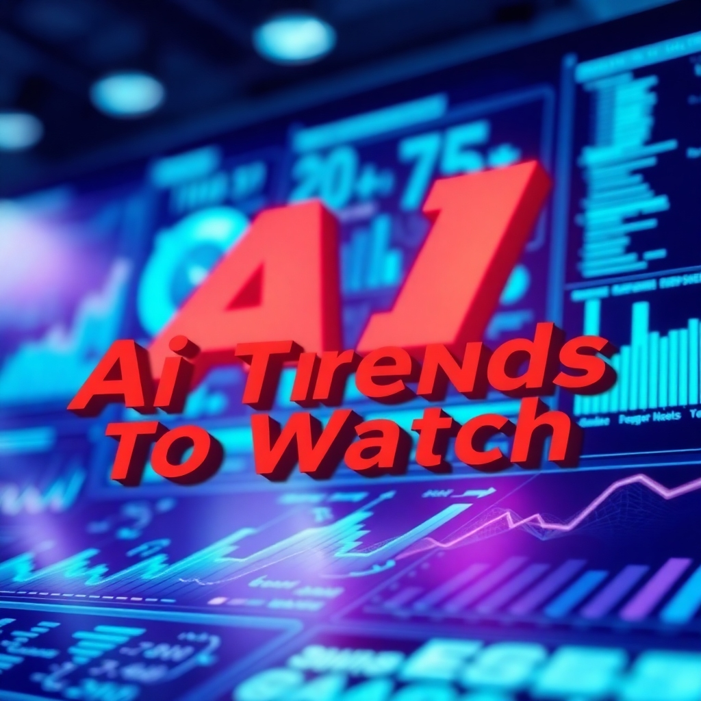 An engaging image showcasing AI trends to watch. The composition includes visual representations of various AI technologies like machine learning and neural networks. Cool-toned lighting provides a professional ambiance, with a color palette of blues and purples. The camera angle is slightly angled to highlight a digital interface filled with graphs and reports. Textures might involve sleek visuals and abstract representations of data. Style references may draw from modern information graphics.