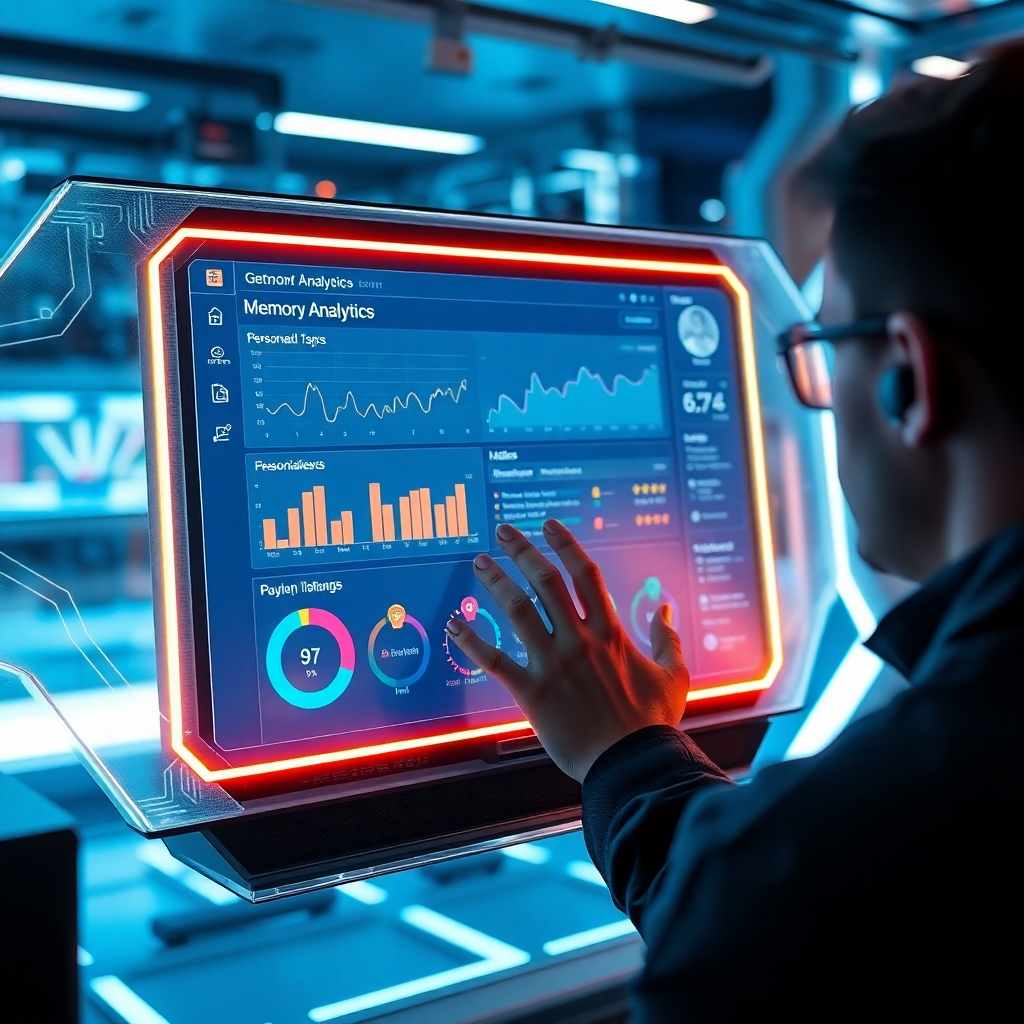 An engaging image showcasing the Grock Studio interface with memory analytics displayed on a glowing screen. A user interacts with the device, with charts and personalized prompts visible. The setting is futuristic and sleek, filled with technological inspiration, while ambient lighting enhances the high-tech feel and draws focus to the interactive elements.