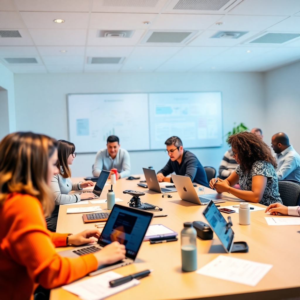 An engaging, photorealistic scene of a workshop setting with participants learning about AI Mode. Tables are filled with laptops, notebooks, and brainstorming content. The lighting is bright and educational, using a palette of soft blue and orange for a welcoming vibe. A slight tilt captures the interactions among participants, emphasizing collaboration and learning.