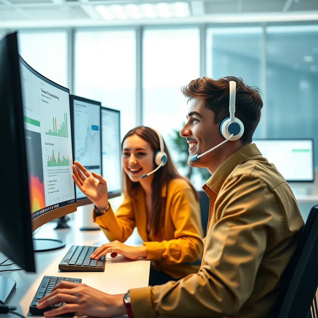 An enthusiastic young tech support specialist assisting a client via phone in a bright, modern office, with large computer screens displaying troubleshooting charts and customer queries. The ambiance is professional yet approachable.