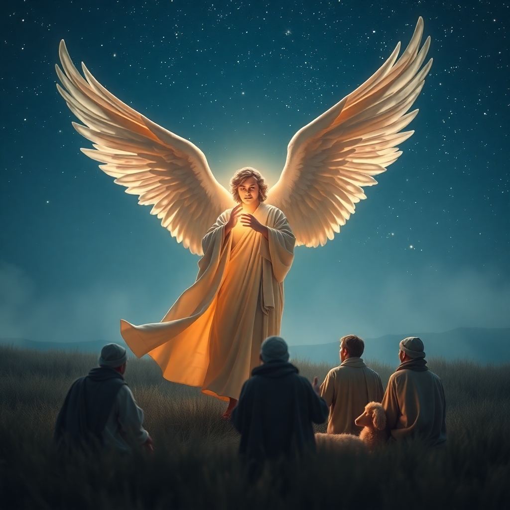 An ethereal scene of an angel in a flowing robe, with outstretched wings, announcing the birth of Christ to startled shepherds in a serene field under a starlit sky. The angel's glow casts a warm light over the shepherds, filled with awe.