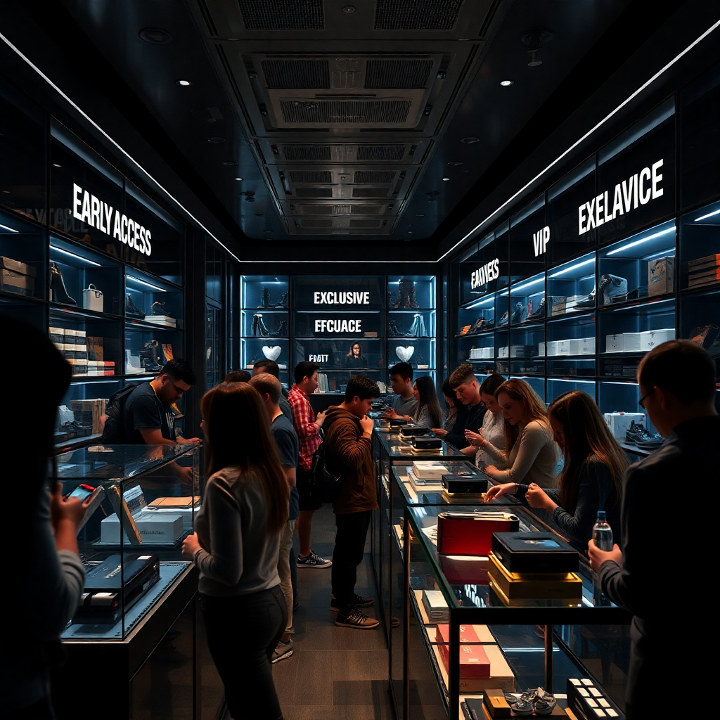 An exclusive VIP shopping experience with a dimly lit atmosphere, filled with a small group of shoppers excitedly examining high-end products, surrounded by luxury goods. Displays show early access signs, evoking a sense of privilege and urgency.