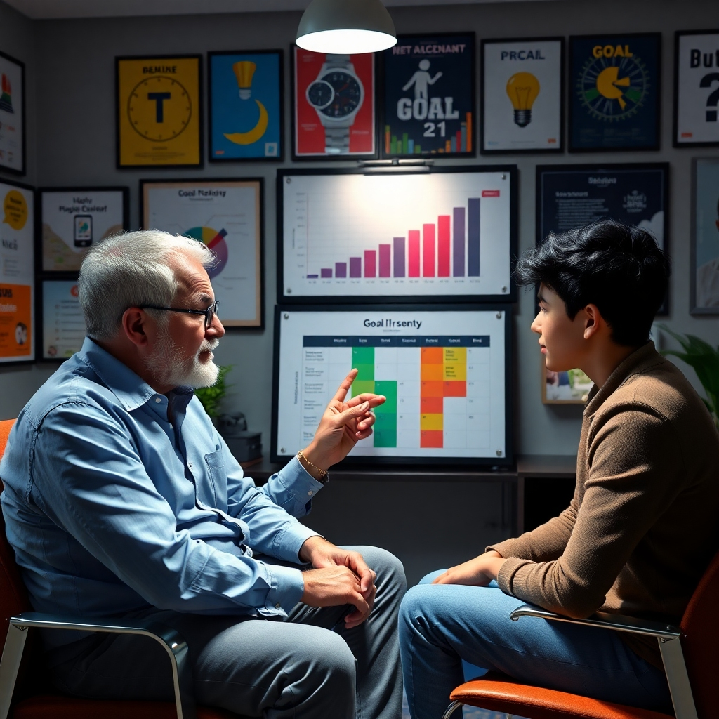 An experienced mentor sitting with a young individual in an office setting, surrounded by motivational posters and charts. The mentor is gesturing towards a goal chart, illustrating a dynamic and informative discussion.