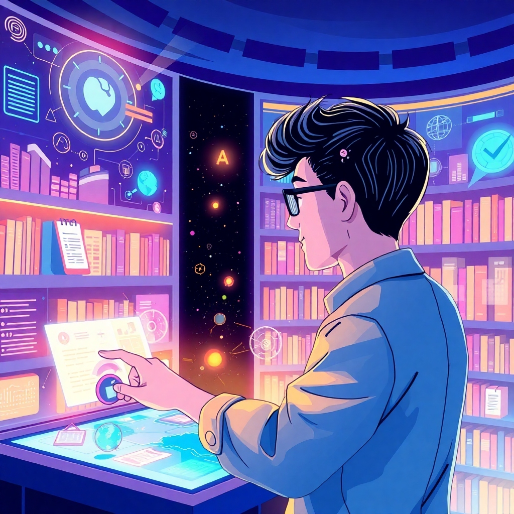 An eye-catching illustration of a person navigating through a digital library of AI resources on a futuristic touchscreen interface. Rich colors and engaging graphics dynamically illustrate the breadth of content available. A sense of discovery and exploration is captured in this imaginative setting, portraying a user enthusiastically engaging with knowledge about AI.