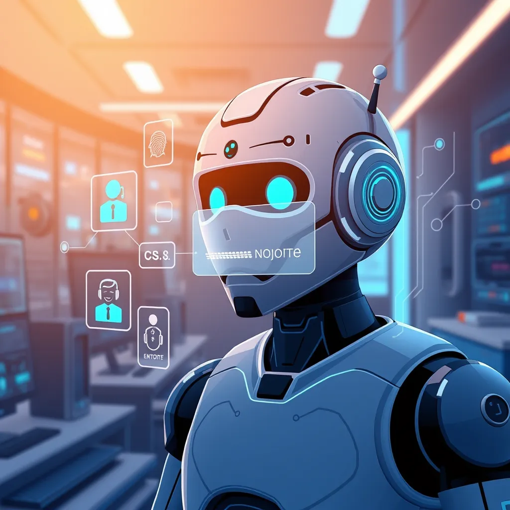 An illustrated scene showing a chatbot interface with user authentication elements, such as biometrics and passwords. The background should be a sleek, modern tech workspace, emphasizing user security and advanced technology.