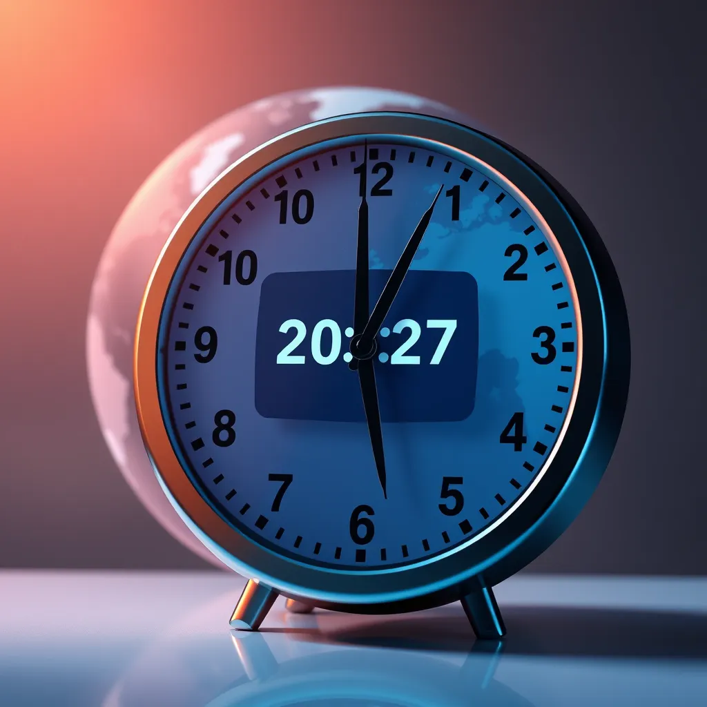 An illustration depicting a clock showing different time zones with a chatbot interface visible on a computer screen, symbolizing 24/7 availability. The background should feature a globe to indicate global accessibility.