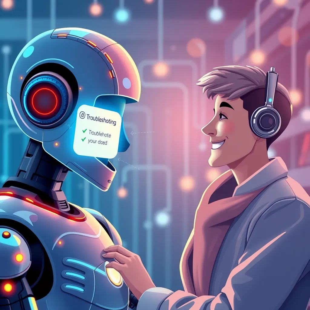 An illustration of a chatbot analyzing user input with a glowing interface, displaying troubleshooting steps on a screen. Include a satisfied customer engaging with the chatbot, surrounded by visual cues representing fast data processing and efficiency.