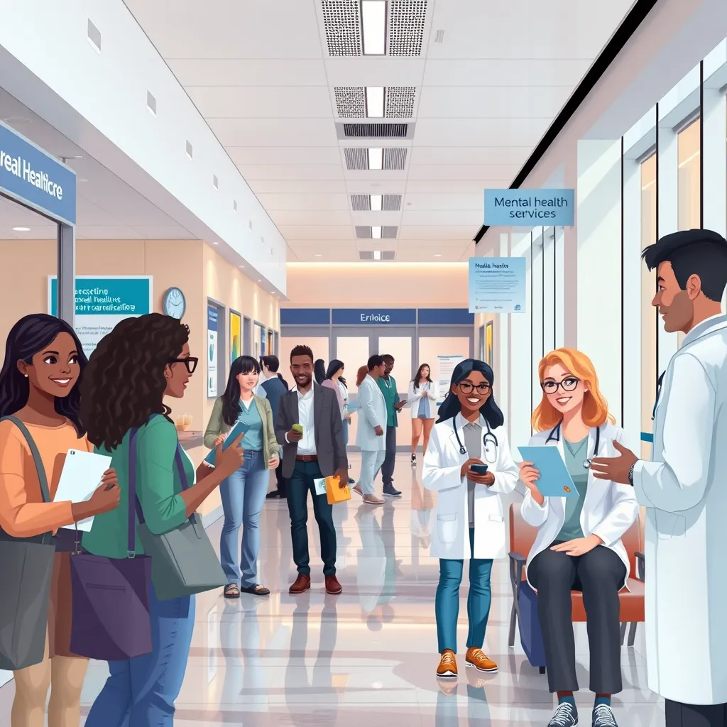 An illustration of a modern healthcare facility with a welcoming entrance, where individuals of different backgrounds are waiting and interacting. Include signs for mental health services, brochures, and staff assisting visitors with friendly smiles.