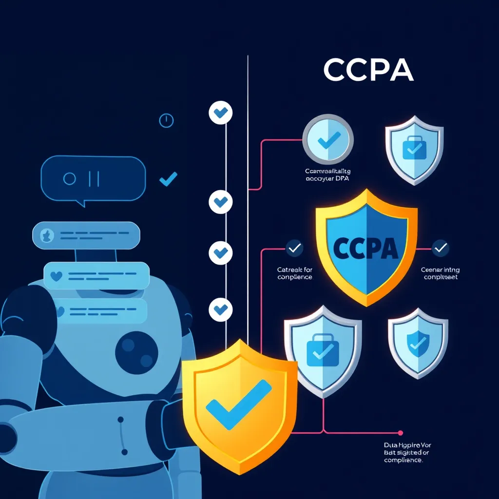 An illustrative infographic showing various regulations like GDPR and CCPA with checkmarks and shields, symbolizing data compliance. The left side should display a chatbot interface and the right side should highlight compliance symbols, merging both ideas graphically.