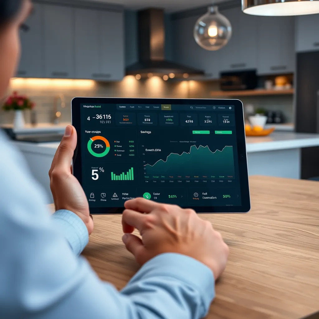 An image depicting a detailed digital dashboard on a tablet showing a breakdown of energy costs and savings, with a user interacting with it while sitting at a dining table. The background contains a modern kitchen with stylish décor.