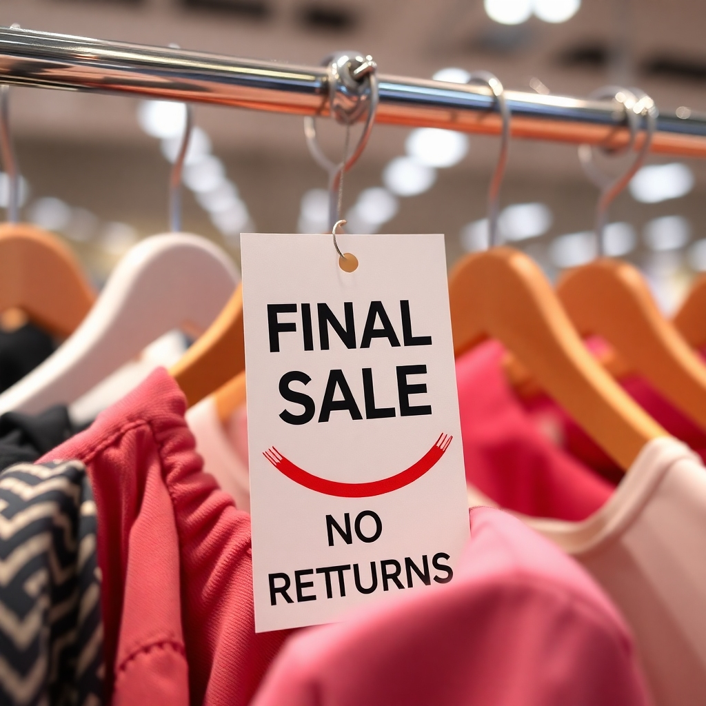 An image of a clothing rack labeled 'Final Sale' with a tag indicating 'No Returns'. Include symbols of caution, such as an exclamation mark, to emphasize the importance of checking return policies before buying.