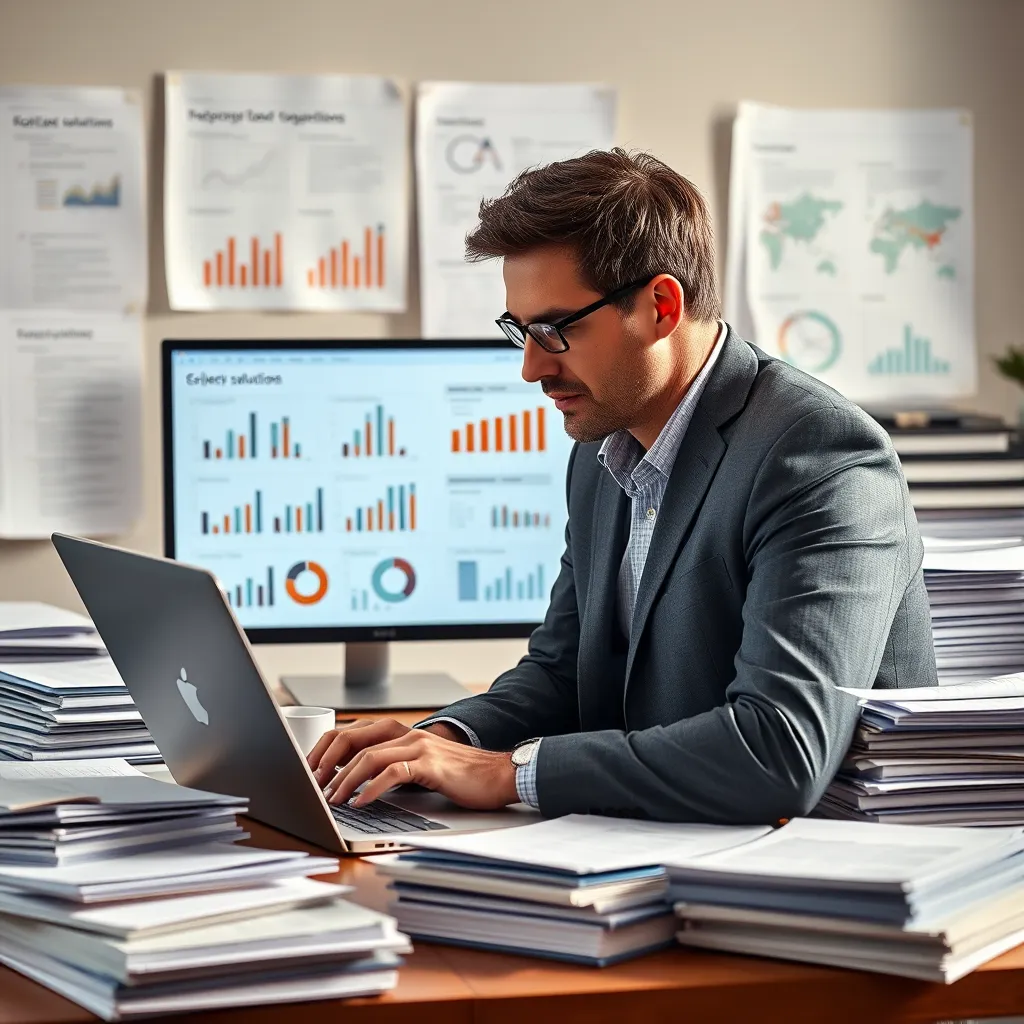 An image of a consultant working on a laptop, surrounded by stacks of personalized reports and client-specific documents. There is an emphasis on bespoke solutions with charts and diagrams tailored to different industries visible on a screen.