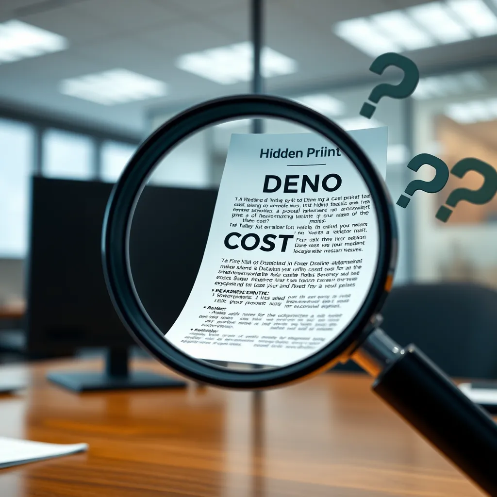 An image of a magnifying glass inspecting a document with fine print, symbolizing hidden costs. Include symbols of money and question marks around the document, set in a professional office environment to convey scrutiny and attention to detail.