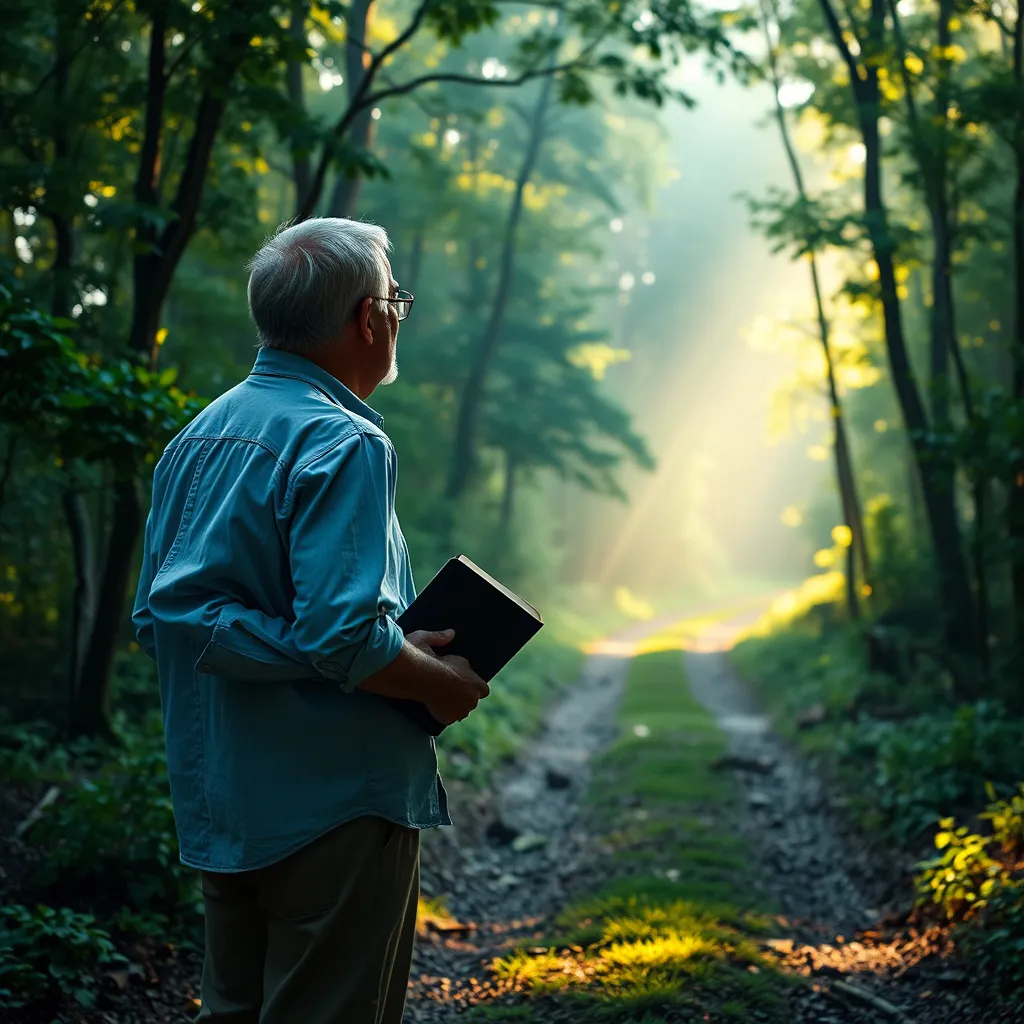 An image of a parent standing at a crossroads in a lush forest, looking contemplative. They hold a Bible in one hand and point towards a lighted path. The scene is bathed in soft morning light, symbolizing hope and guidance.