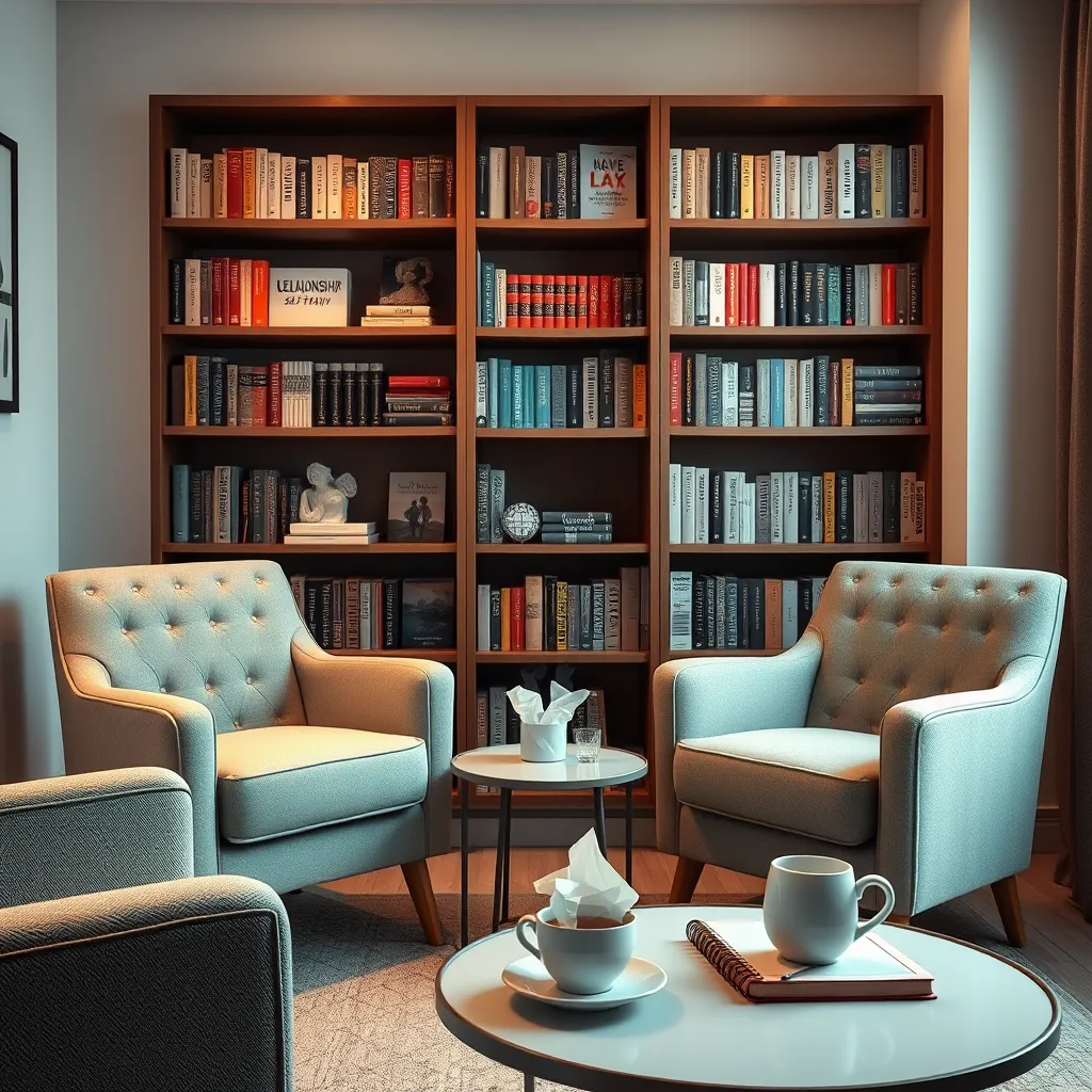 An image of a warm and inviting therapy room, with two comfortable chairs facing each other. Soft lighting, a bookshelf filled with relationship and self-help books, and a small table with tissues create a calming atmosphere. A therapist's notebook and a steaming cup of tea on the table symbolize support.